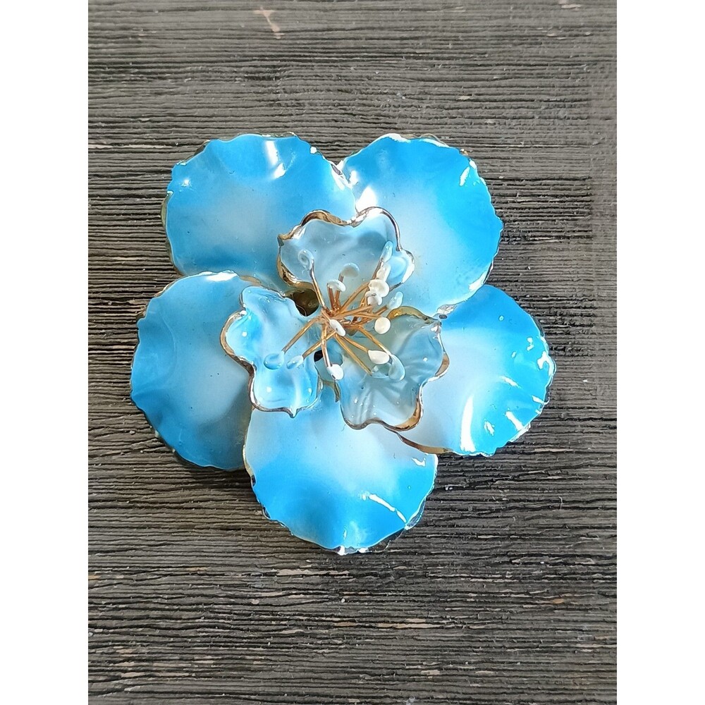 Joelle Blue Enamel Flower Gold Tone Large Vintage Brooch